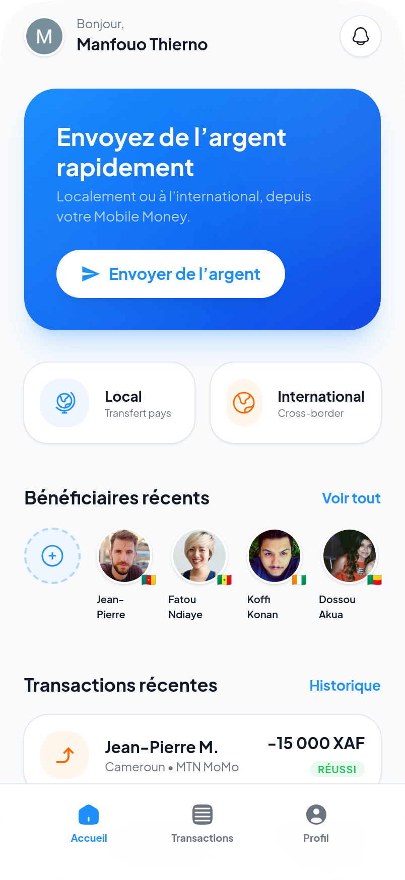 Écran d’accueil de l’application mobile Bumxpress